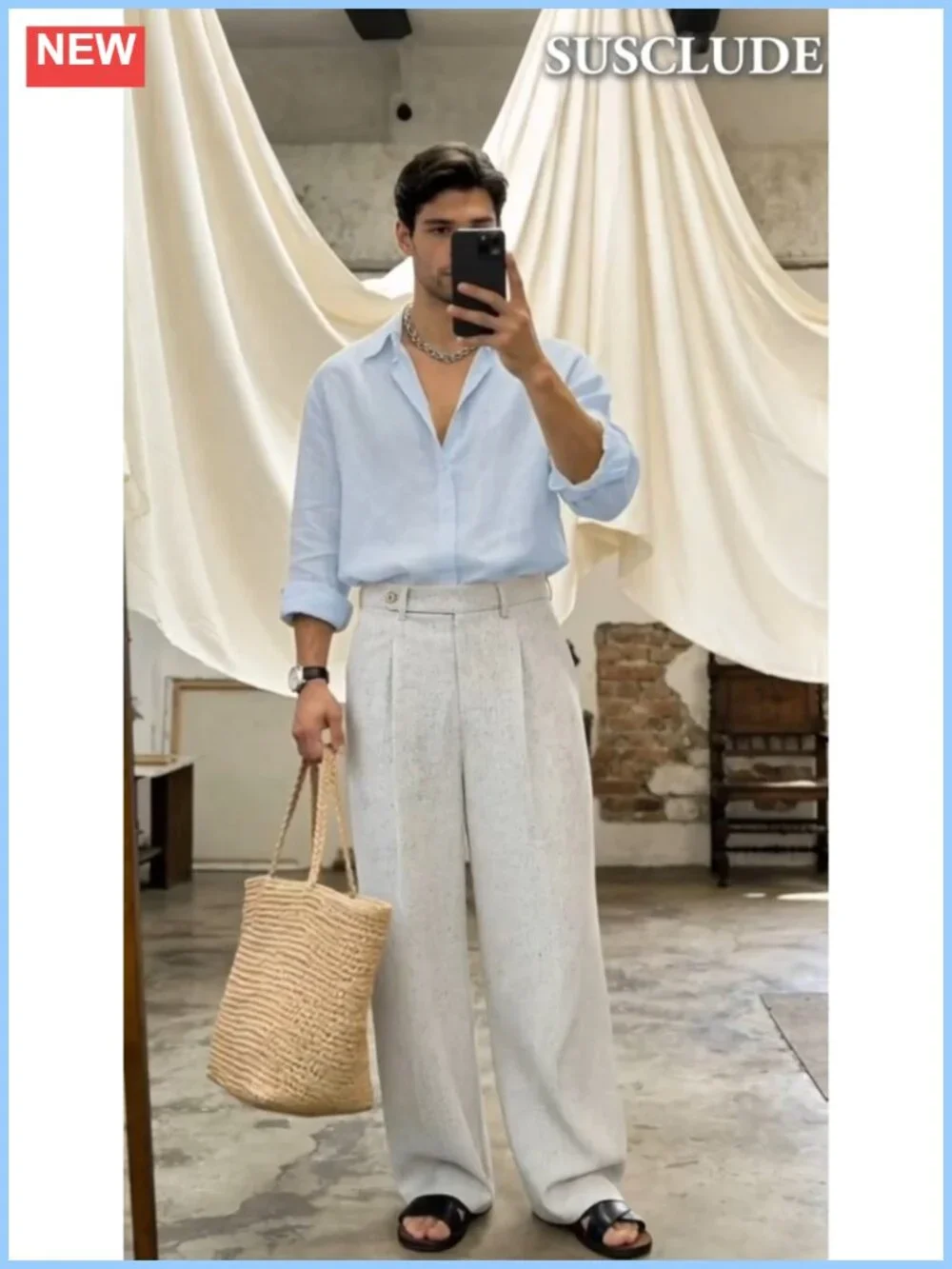 Mens Linen Blend Baggy Pleated Wide Leg Dress Pants Elastic Waist Lightweight